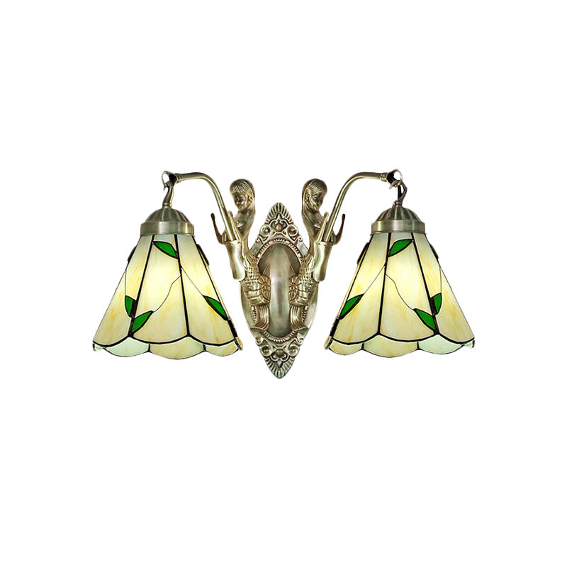 Mission Conic Wall Mount Lamp 2 Heads White/Beige Glass Sconce Light Fixture with Double Mermaid Arm Clearhalo 'Art deco wall lights' 'Cast Iron' 'Glass' 'Industrial' 'Middle century wall lights' 'Modern' 'Tiffany wall lights' 'Tiffany' 'Traditional wall lights' 'Wall Lamps & Sconces' 'Wall Lights' Lighting' 890340