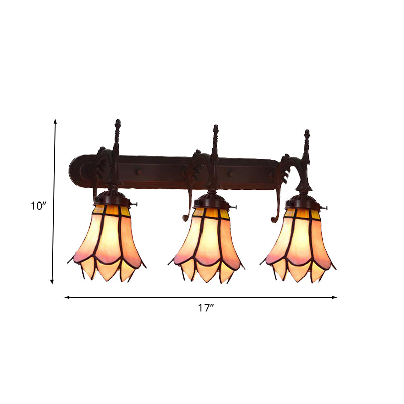 Mission Flower/Morning Glory Sconce 3 Lights Pink Glass Wall Mount Light Fixture with Curved Arm for Dining Room Clearhalo 'Art deco wall lights' 'Cast Iron' 'Glass' 'Industrial' 'Middle century wall lights' 'Modern' 'Tiffany wall lights' 'Tiffany' 'Traditional wall lights' 'Wall Lamps & Sconces' 'Wall Lights' Lighting' 890434