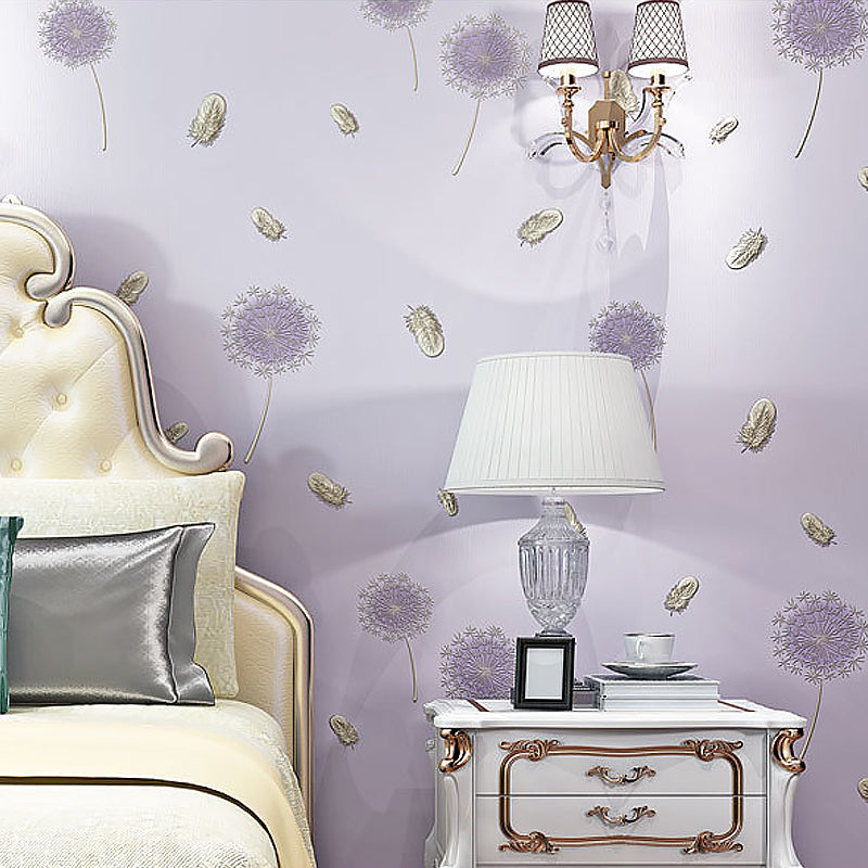 Pink Dandelion and Feather Wallpaper for Girl, 33-foot x 20.5-inch Moisture-Resistant Non-Pasted Purple Clearhalo 'Wall Decor' 'Wallpaper' 893109
