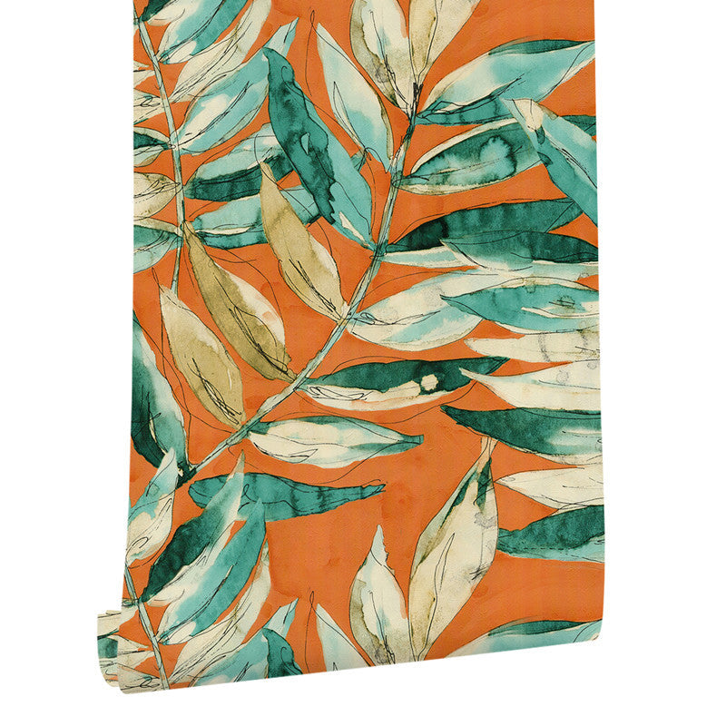 Plaster Wallpaper with Chinese Wash Painting of Leaves, Dyed Red, 33-foot x 20.5-inch Clearhalo 'Modern wall decor' 'Modern' 'Tropical wall decor' 'Tropical' 'Wallpaper' Wall Decor' 893484