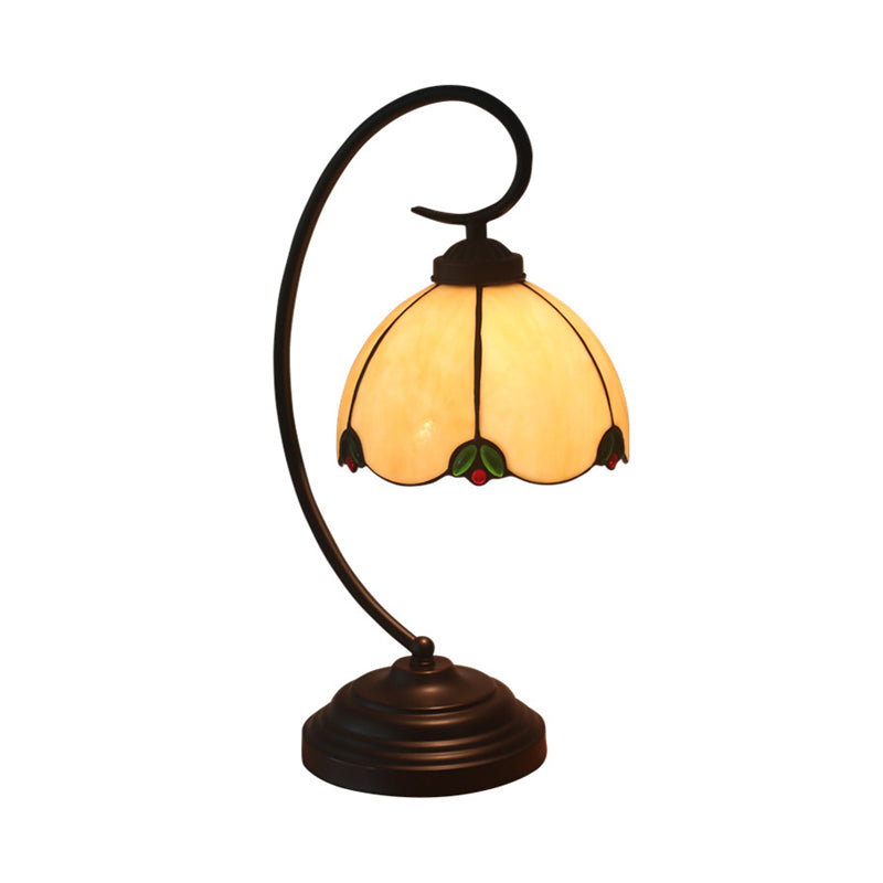 1-Light Bedroom Nightstand Lamp Mediterranean White/Red Beaded Patterned Desk Lighting with Flower Beige Glass Shade Clearhalo 'Desk Lamps' 'Lamps' Lighting' 893966