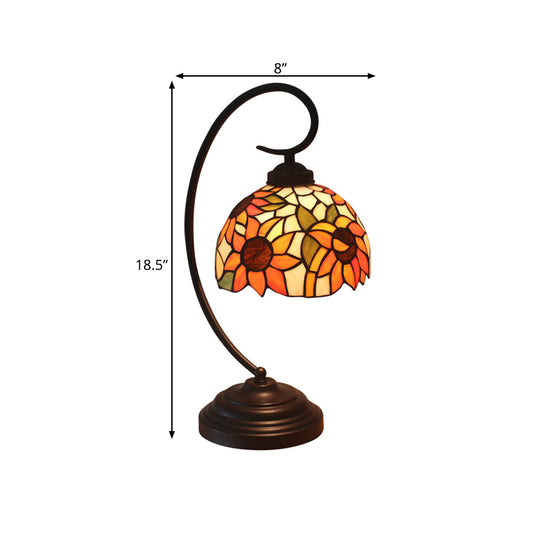 1 Bulb Night Lamp Mediterranean Sunflower Stained Glass Nightstand Light in Dark Coffee with Swirl Arm Clearhalo 'Desk Lamps' 'Lamps' Lighting' 893978