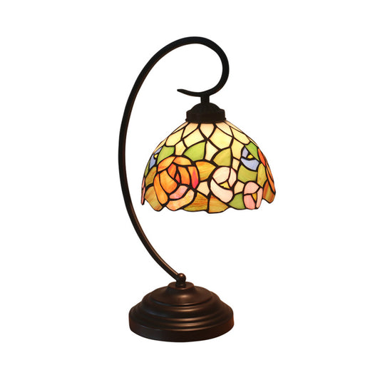 Bronze Curvy Night Light Baroque 1 Head Metal Red/Pink Rose/Tulip Patterned Desk Lighting with Bowl Cut Glass Shade Clearhalo 'Desk Lamps' 'Lamps' Lighting' 893994
