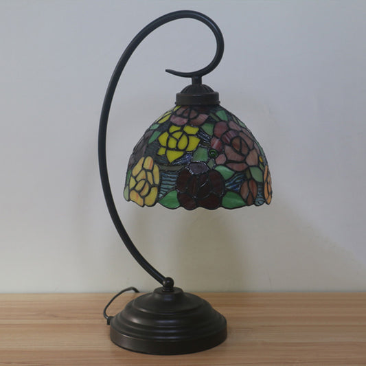 Rose Patterned Night Lamp 1-Head Stained Art Glass Victorian Nightstand Light in Dark Coffee with Swirl Arm Clearhalo 'Desk Lamps' 'Lamps' Lighting' 894000