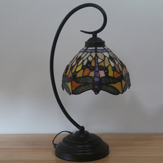 Dragonfly Cut Glass Desk Lighting Victorian 1 Light Orange/Green Night Lamp with Curved Arm for Bedroom Orange Clearhalo 'Desk Lamps' 'Lamps' Lighting' 894103