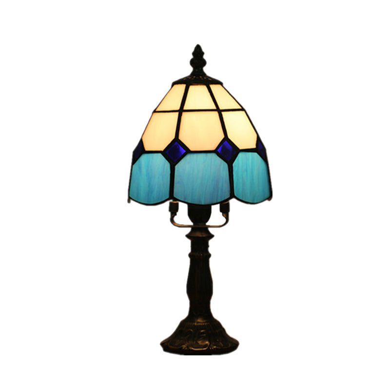 Dome Night Light Mission Stained Art Glass 1 Head Beige/Yellow/Orange Grid Patterned Nightstand Lighting for Bedroom Clearhalo 'Lamps' 'Table Lamps' Lighting' 894365