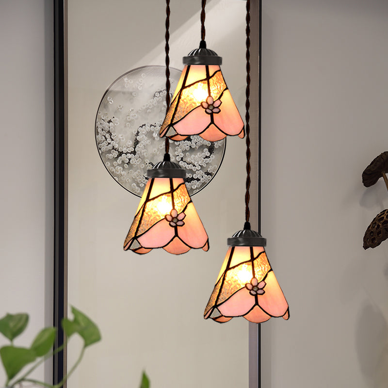 Victorian Bowl/Morning Glory Hanging Light Kit 3 Lights Pink Stained Glass Cluster Pendant for Dining Room Clearhalo 'Ceiling Lights' 'Chandeliers' 'Close To Ceiling Lights' 'Glass shade' 'Glass' 'Industrial' 'Middle Century Pendants' 'Pendant Lights' 'Pendants' 'Tiffany close to ceiling' 'Tiffany Pendants' 'Tiffany' Lighting' 894507
