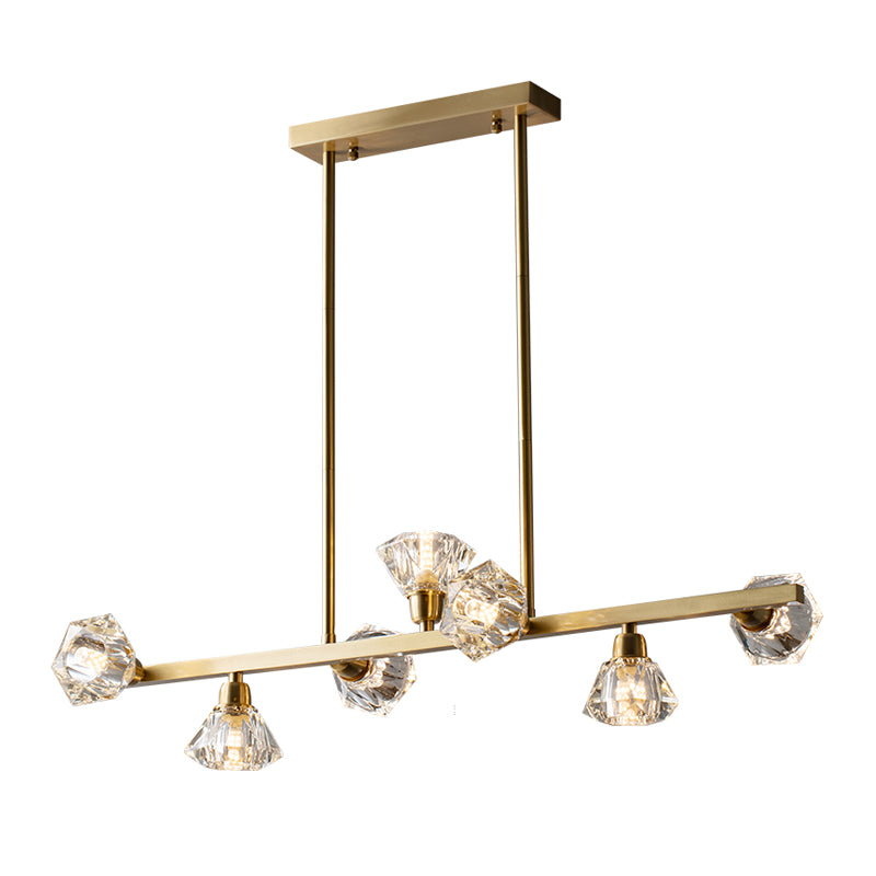 Linear Restaurant Island Lamp Postmodern Diamond Crystal Block 7 Lights Brass Pendant Clearhalo 'Ceiling Lights' 'Island Lights' Lighting' 896077