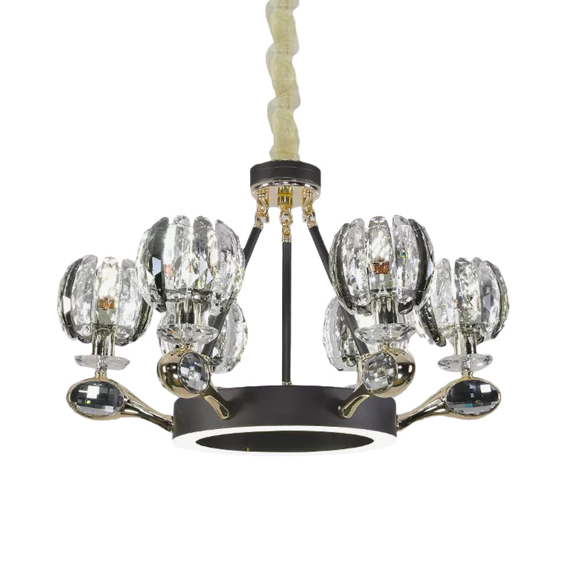 Bud Shaped Crystal Suspension Light Modernist 6 Heads Black Finish Ring Hanging Chandelier Clearhalo 'Ceiling Lights' 'Chandeliers' 'Modern Chandeliers' 'Modern' Lighting' 898269