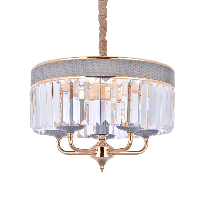 Drum Chandelier Lamp Contemporary Crystal Shade 5 Heads Pendant Lighting Fixture with Metal Arm in Grey Clearhalo 'Ceiling Lights' 'Chandeliers' 'Modern Chandeliers' 'Modern' Lighting' 915740