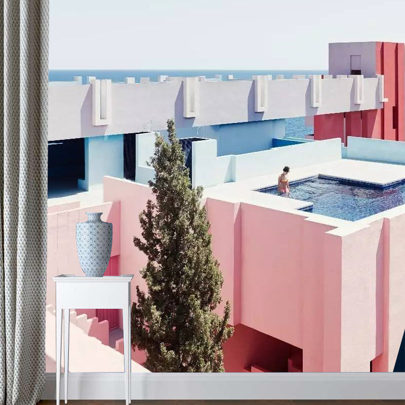 Illustration Style Mural Wallpaper Stairs and Apartment Giant Wall Covering for Home Decor, Made to Measure Pink-White Clearhalo 'Wall Decor' 'Wall Mural' 917114