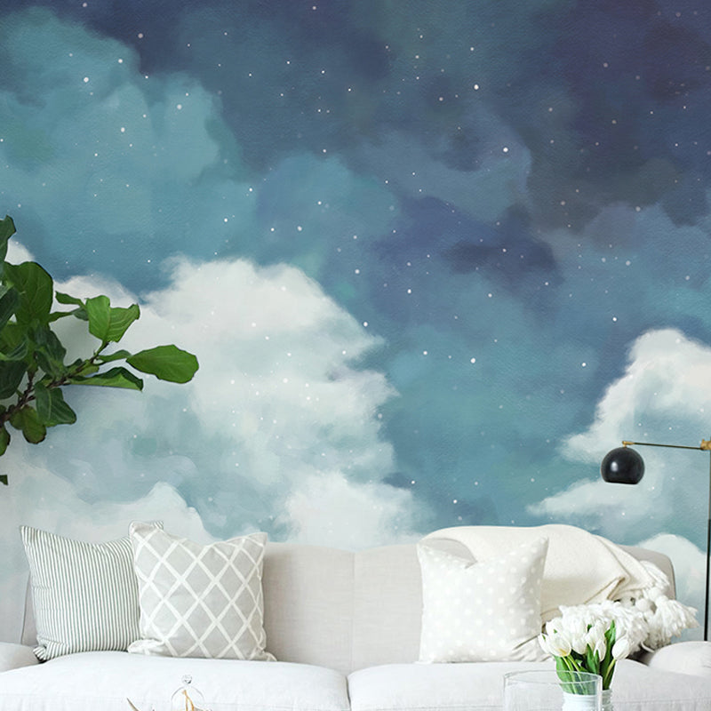 Fresh Mural Wallpaper for Living Room, Pastel Blue and White Cloudy Sky and Star, Made to Measure Clearhalo 'Wall Decor' 'Wall Mural' 917165