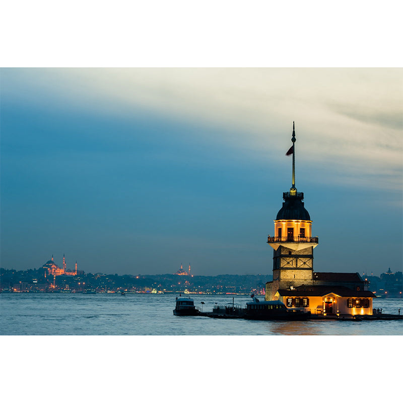 Light Wall Mural for Living Room, Blue Sea and Beacon, Personalized Size Available Clearhalo 'Wall Decor' 'Wall Mural' 920289