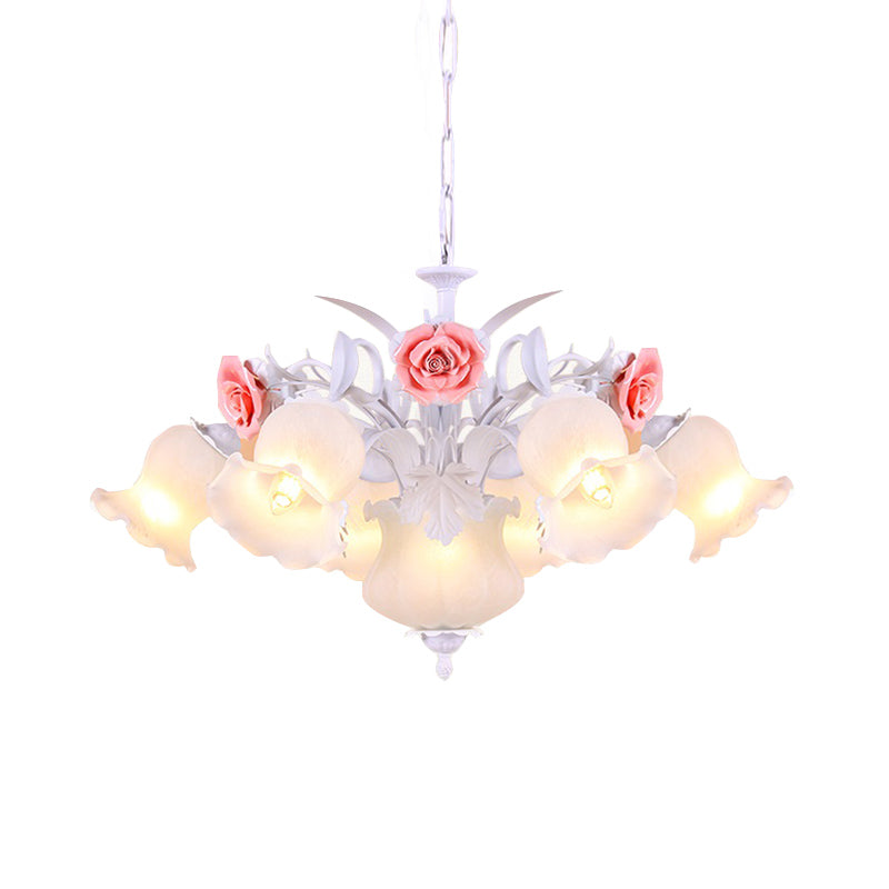 Pink 8 Bulbs Hanging Chandelier Romantic Pastoral White Glass Rose Suspension Pendant Clearhalo 'Ceiling Lights' 'Chandeliers' 'Close To Ceiling Lights' 'Glass shade' 'Glass' Lighting' 922657