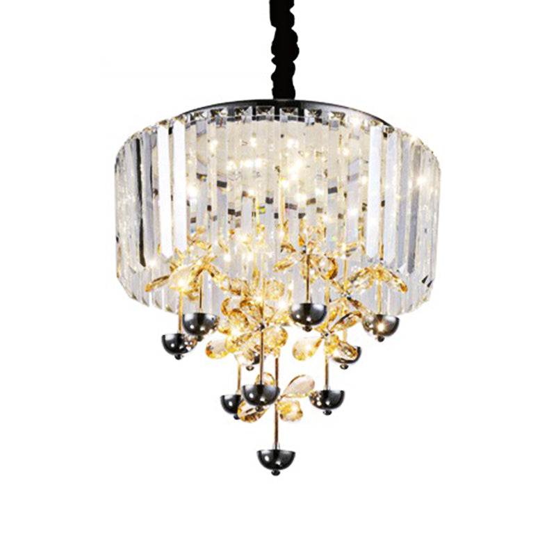 Strip Crystal LED Hanging Chandelier Contemporary Clear Drum Living Room Drop Lamp with Inner Flower Branch Decor Clearhalo 'Ceiling Lights' 'Chandeliers' Lighting' options 923876