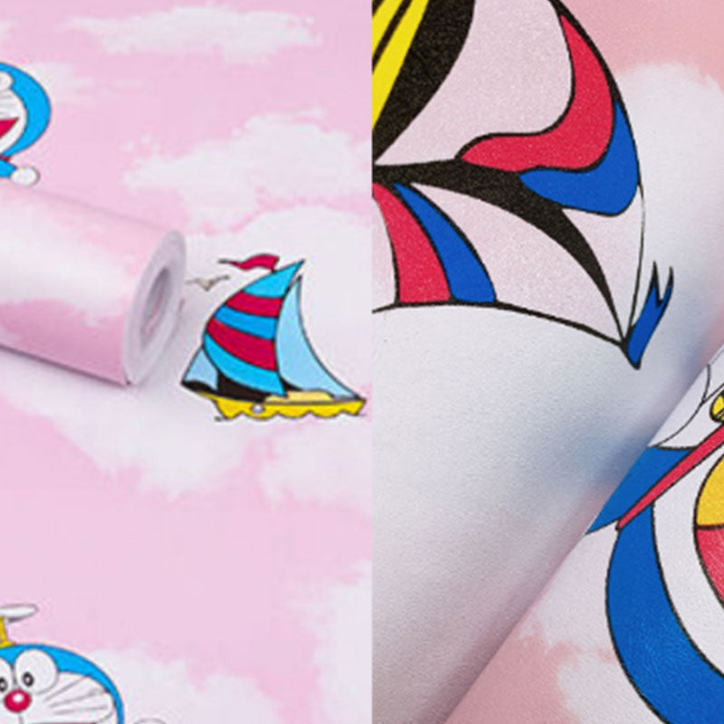 Self-Adhesive Wallpaper Simple Cartoon Cat and Sailing Boat Wall Decor for Kid Clearhalo 'Wall Decor' 'Wallpaper' 929095