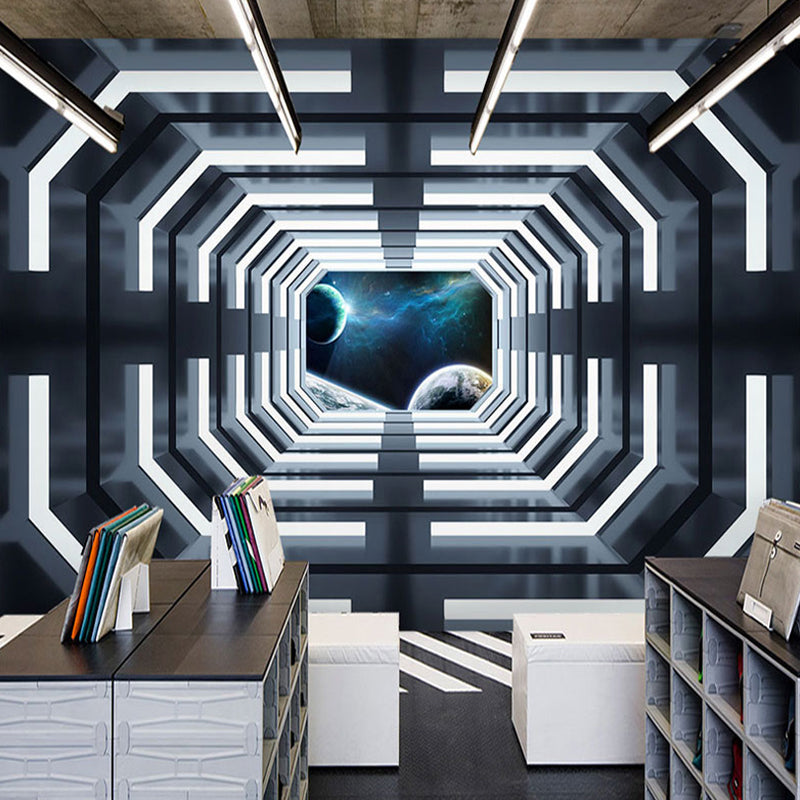 Modern Wall Art for Meeting Room, Black and White 3D Outstretched Tunnel, Made to Measure Dark Blue C Clearhalo 'Wall Decor' 'Wall Mural' 929644