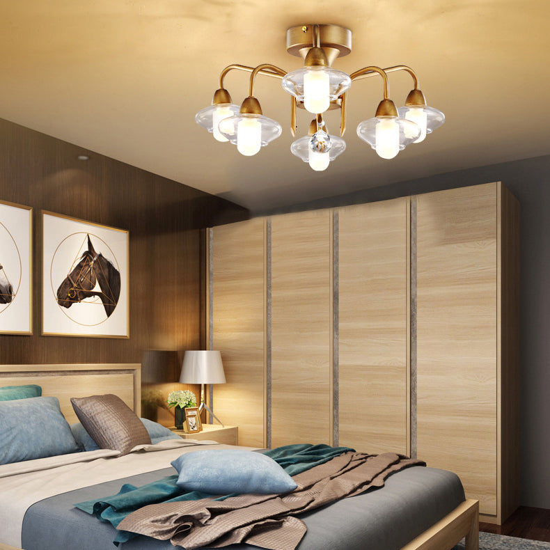 Elliptical Frosted White Glass Semi Flush Modern 6 Bulbs Bedroom Light Fixture in Brass Clearhalo 'Ceiling Lights' 'Close To Ceiling Lights' 'Close to ceiling' 'Glass shade' 'Glass' 'Pendant Lights' 'Semi-flushmount' Lighting' 94349