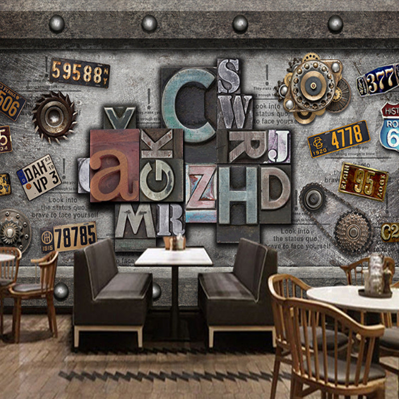 Extra Large Faux Wood Mural Steampunk Novelty Wall Covering in Dark Brown, Custom Size Available Black-Gray Clearhalo 'Wall Decor' 'Wall Mural' 961452