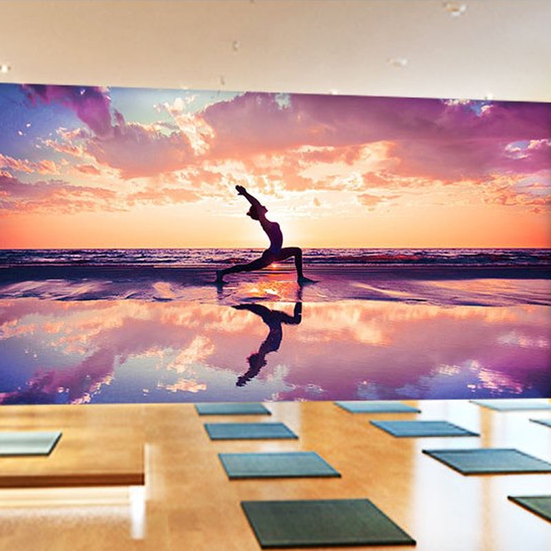 Decorative Yoga and Seashore Mural Non-Woven Fabric Wall Decor for Living Room Orange-Purple B Clearhalo 'Wall Decor' 'Wall Mural' 961632