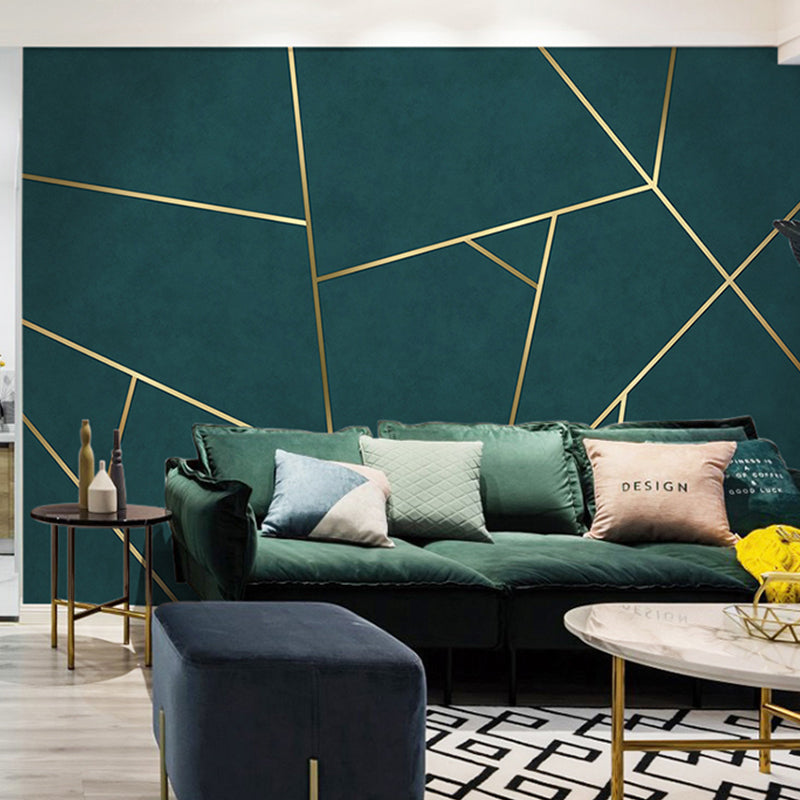 Simple Line and Geometries Mural Wallpaper for Home Decoration, Extra Large  Wall Art in Dark Green and Gold - Clearhalo