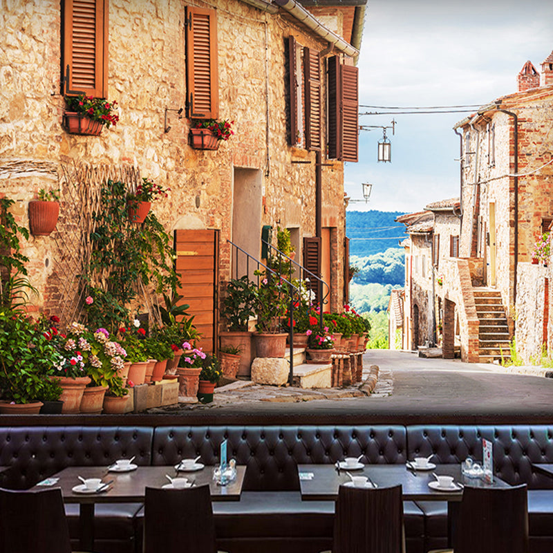 Multicolored Blossom and Street Mural Decorative Wall Covering for Restaurant Decor Brown B Clearhalo 'Wall Decor' 'Wall Mural' 965757