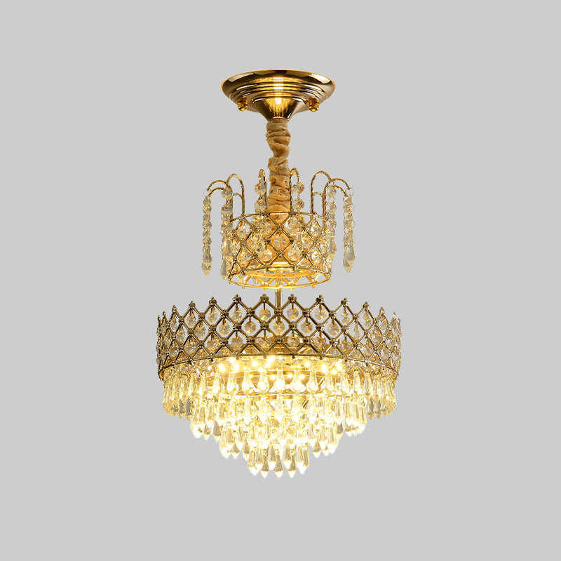 Gold LED Ceiling Pendant Lamp Vintage Crystal Layered Cone Shaped Chandelier for Corridor Clearhalo 'Ceiling Lights' 'Chandeliers' Lighting' options 965830