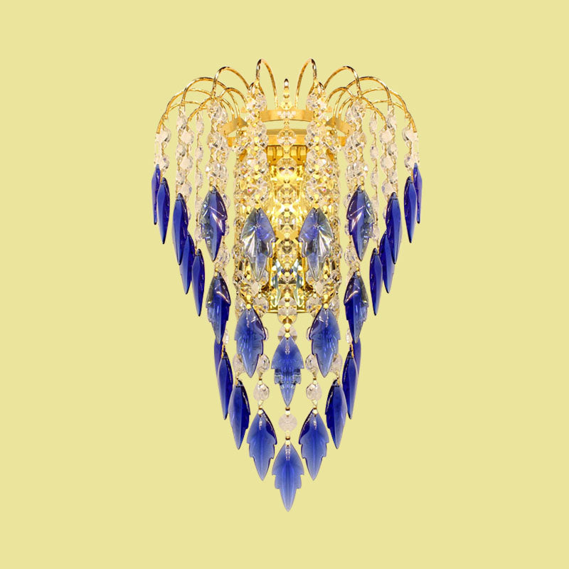 Modern 2-Light Wall Lighting Brass Finish Curved Wall Mounted Lamp with Tan/Blue Crystal Shade Clearhalo 'Modern wall lights' 'Modern' 'Wall Lamps & Sconces' 'Wall Lights' Lighting' 968538