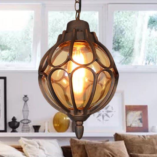 1 Light 7"/9"/11" Wide Orb Pendant Lamp Vintage Amber Glass Suspension Lamp in Black/Bronze/Gold Clearhalo 'Ceiling Lights' 'Glass shade' 'Glass' 'Industrial Pendants' 'Industrial' 'Middle Century Pendants' 'Pendant Lights' 'Pendants' 'Tiffany' Lighting' 968907
