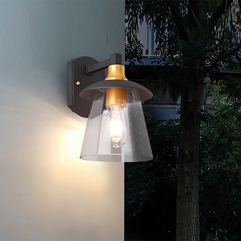 Clear Glass Black Wall Sconce Lighting Cylinder/Semicircle/Square 1-Light Industrial Light Fixture, 6"/8" Wide Clearhalo 'Art deco wall lights' 'Cast Iron' 'Glass' 'Industrial wall lights' 'Industrial' 'Middle century wall lights' 'Modern' 'Rustic wall lights' 'Tiffany' 'Traditional wall lights' 'Wall Lamps & Sconces' 'Wall Lights' Lighting' 968945