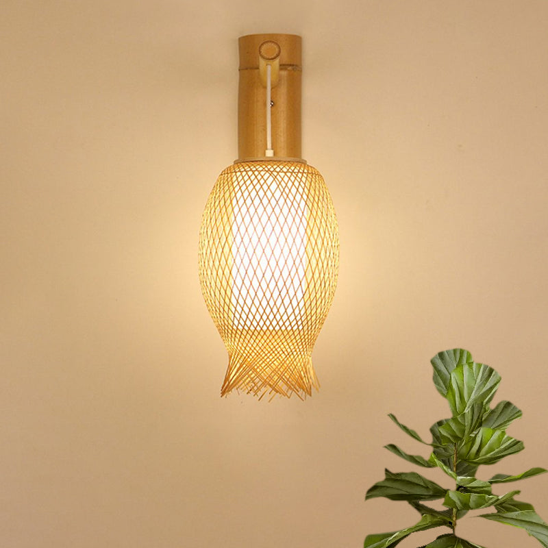 Hand Woven Bamboo Wall Sconce Lighting Asian Style 1 Bulb Beige Wall Lamp with Oblong Shade Clearhalo 'Modern wall lights' 'Modern' 'Wall Lamps & Sconces' 'Wall Lights' Lighting' 969076