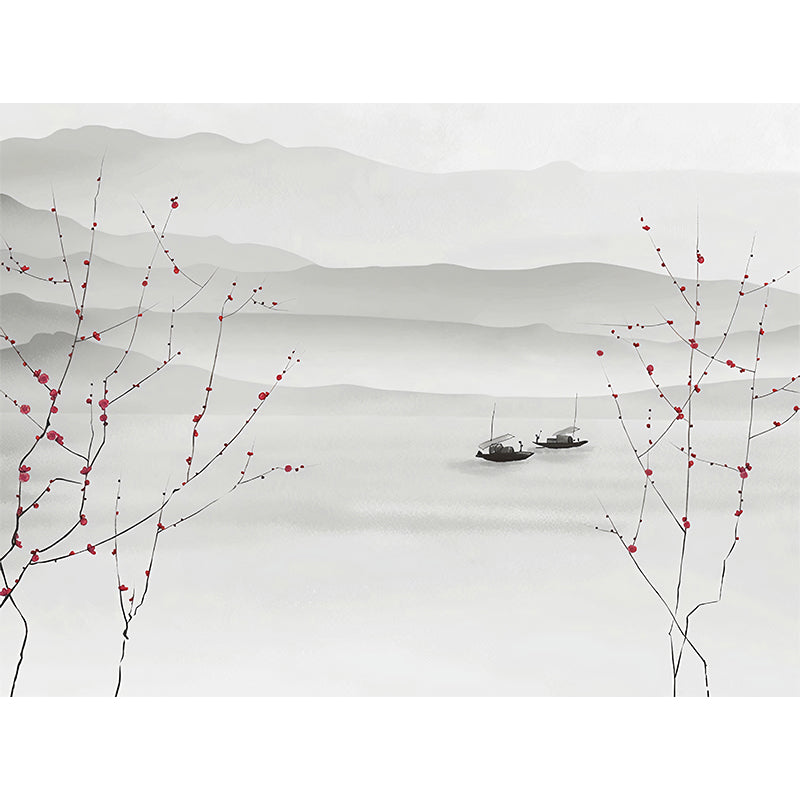 Full Illustration Boat and Mountain Mural for Home Decoration, Soft Grey, Custom-Printed Clearhalo 'Wall Decor' 'Wall Mural' 969329