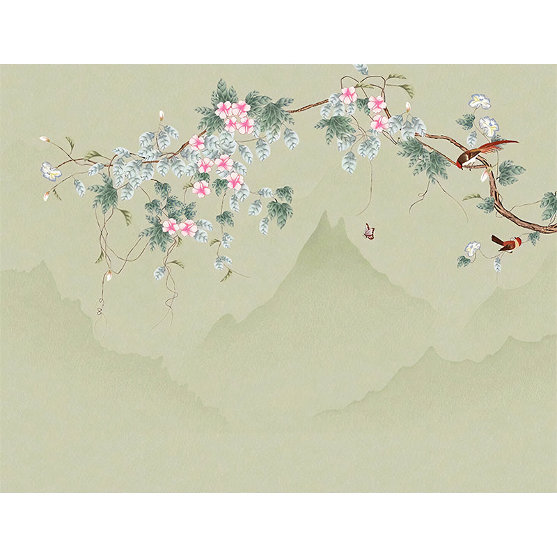 Green and Pink Blossom Mural Wallpaper Water-Resistant Wall Covering for Living Room Clearhalo 'Wall Decor' 'Wall Mural' 969389