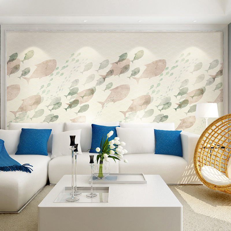 Pink and White Fish Mural Water-Resistant Wall Art for Kitchen and Bedroom Clearhalo 'Wall Decor' 'Wall Mural' 969622