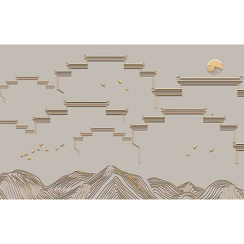 Moisture-Resistant Mural Wallpaper City Wall and Mountain Non-Woven Fabric Classic Wall Decor in Grey and Gold for Gallery Clearhalo 'Wall Decor' 'Wall Mural' 969633