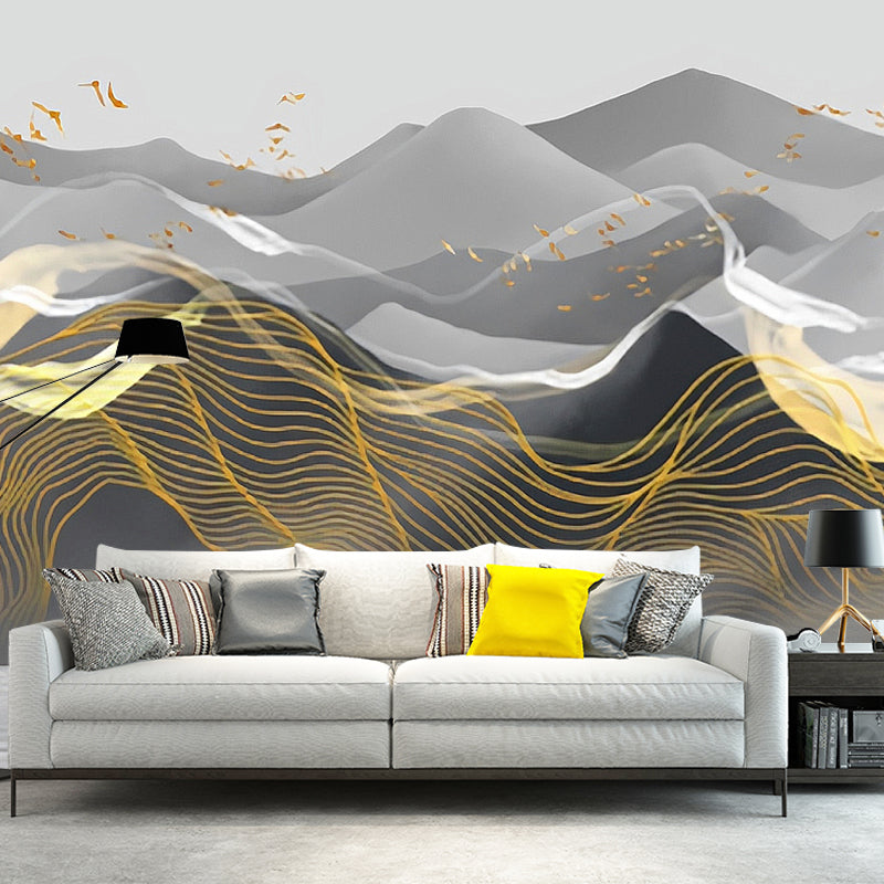 Mountain Mural Wallpaper in Pastel Grey, Vintage Wall Covering for Accent Wall Clearhalo 'Wall Decor' 'Wall Mural' 969681