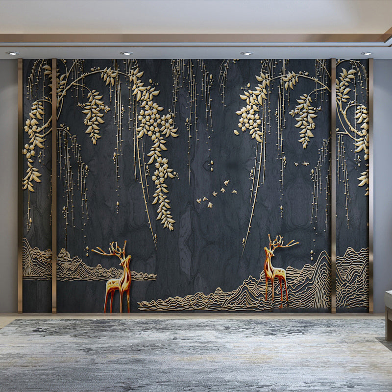 Full Size Illustration Nostalgic Mural for Commercial Use with Deer and Willow in Gold and Black Clearhalo 'Wall Decor' 'Wall Mural' 969712