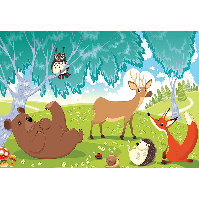 Forest and Animal Mural Wallpaper in Blue and Green, Contemporary Wall Art for Children's Bedroom Clearhalo 'Wall Decor' 'Wall Mural' 969823