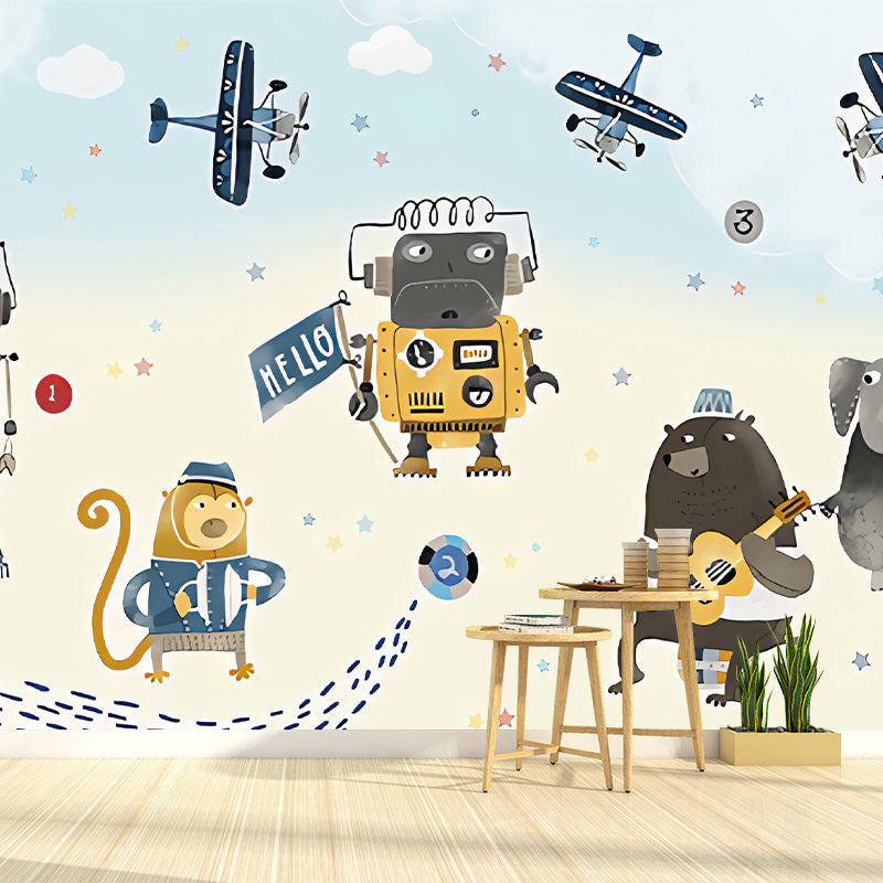 Extra Large Illustration Simple Mural Wallpaper for Boy or Girl with Cartoon Animal and Airplane in Blue and Beige Beige-Blue Clearhalo 'Wall Decor' 'Wall Mural' 969830