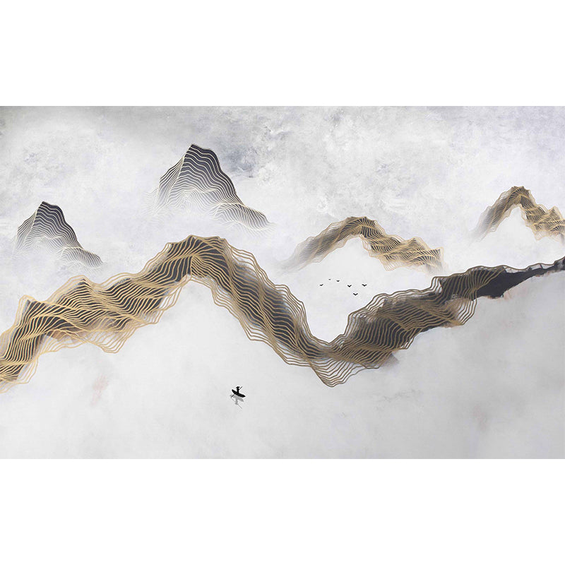 Illustration Mountain and Cloud Mural Extra Large Wall Decor for Living Room, Personalized Size Available Clearhalo 'Wall Decor' 'Wall Mural' 969893