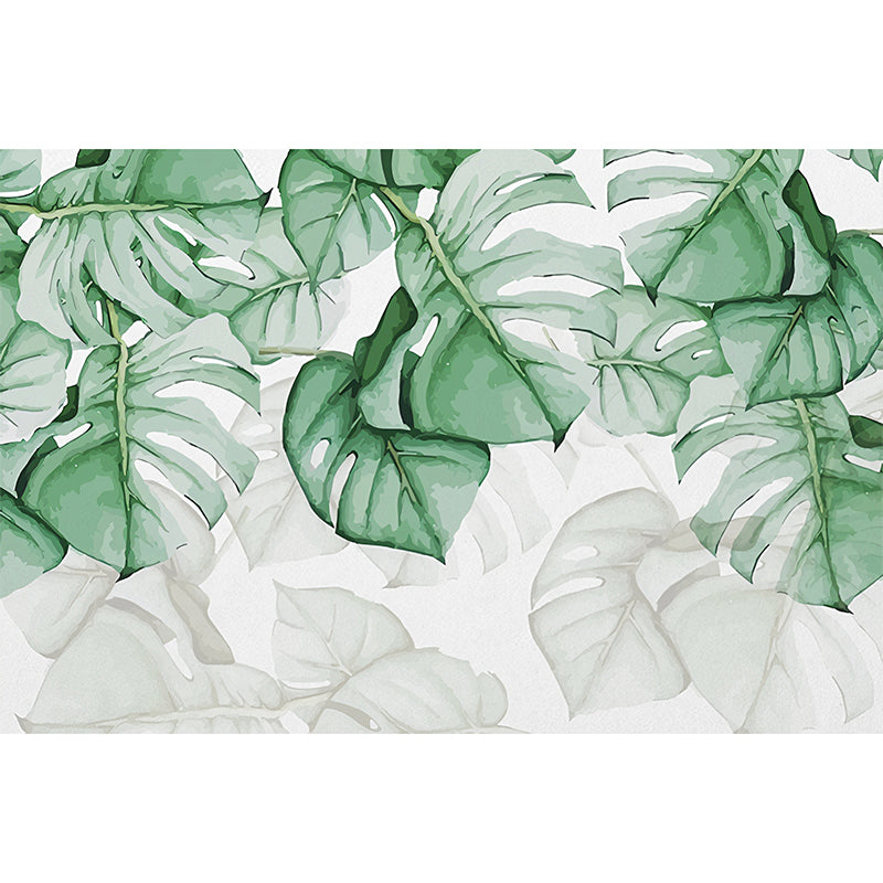 Contemporary Banana Leaves Wall Mural Green and White Wall Covering for Living Room, Customized Size Available Clearhalo 'Wall Decor' 'Wall Mural' 976948
