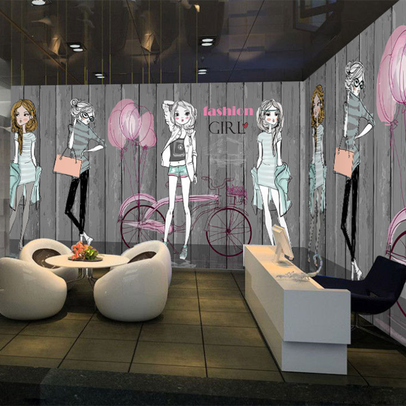 Original Cartoon Beauty Wall Art in Grey Dress Shop Mural
