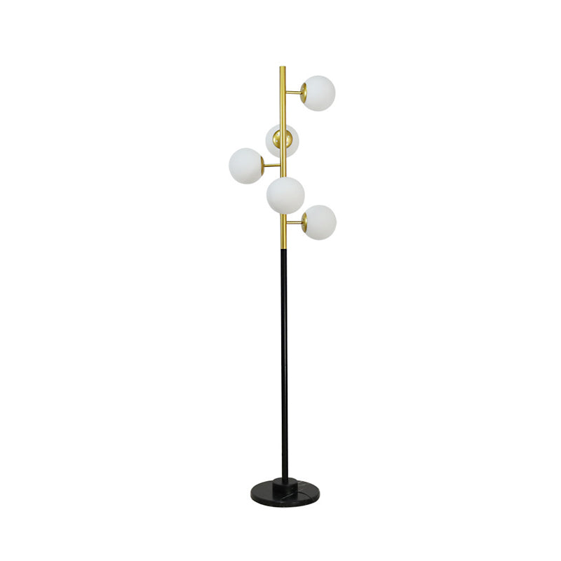 Black-Gold Tree Floor Light Simplicity 5-Bulb Metal Standing Up Lamp with Beige/Milk White Glass Shade Clearhalo 'Floor Lamps' 'Lamps' Lighting' 978454