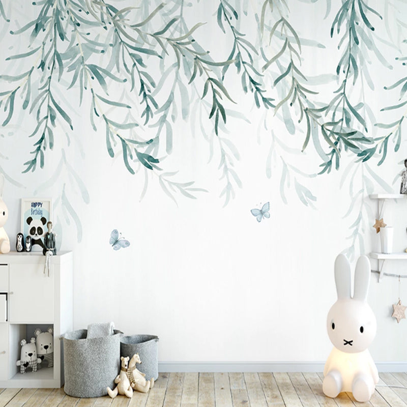 Custom Illustration Nordic Mural Wallpaper for Home Decoration with Willow Tree Design in Green and White Clearhalo 'Wall Decor' 'Wall Mural' 978863