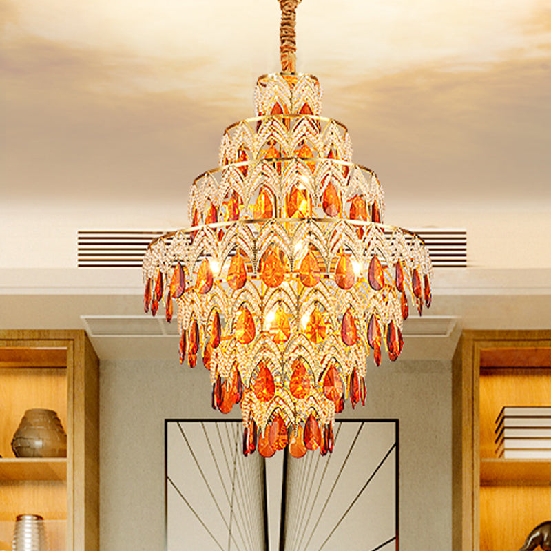 7-Tier Tapered Dining Room Hanging Light Retro Tan Crystal 8 Heads Gold Chandelier Pendant Clearhalo 'Ceiling Lights' 'Chandeliers' Lighting' options 979562