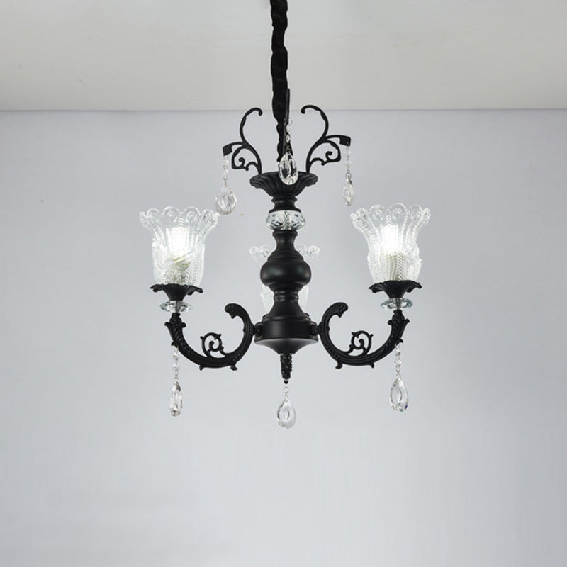 Flower Shape Bedroom Suspension Light Clear Crystal Glass 3-Light Modernism Chandelier Lamp in Black Clearhalo 'Ceiling Lights' 'Chandeliers' 'Modern Chandeliers' 'Modern' Lighting' 979599