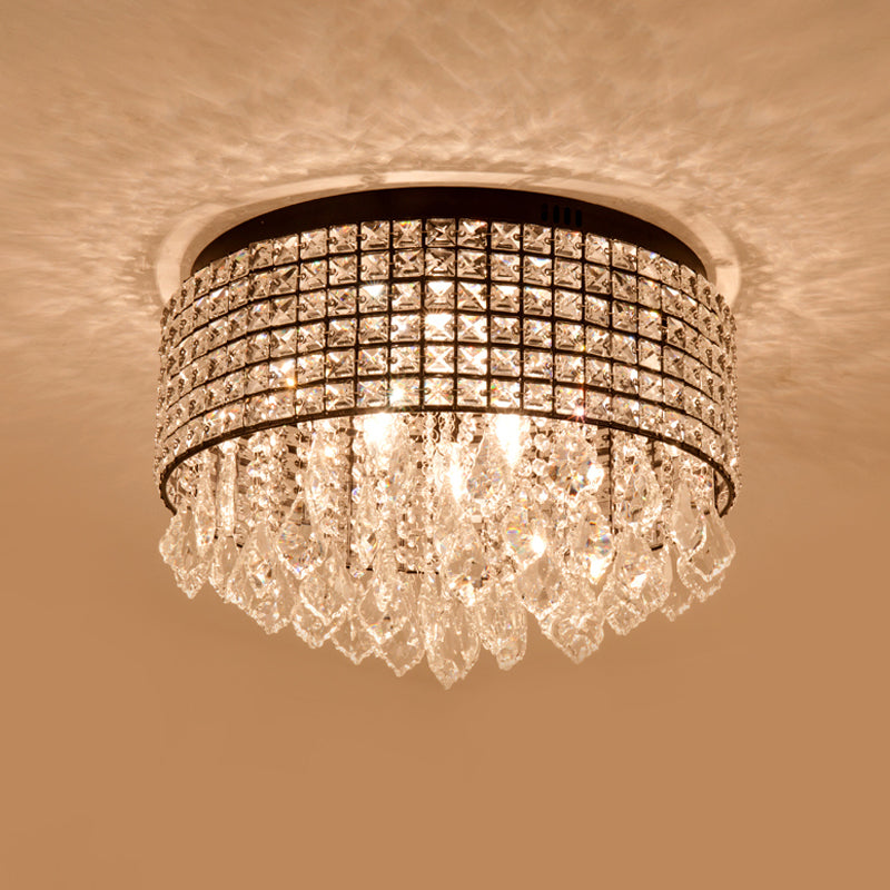 Black Drum Flushmount Lamp Modern 5 Heads Crystal Embedded Flush Ceiling Light Fixture with Droplet Clearhalo 'Ceiling Lights' 'Close To Ceiling Lights' 'Close to ceiling' 'Flush mount' Lighting' 979714