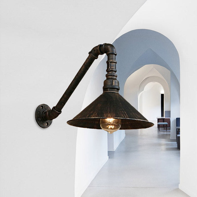 Antique Brass Cone Wall Sconce Farmhouse Style Metallic 1 Head Dining Room Wall Lighting Fixture with Pipe Clearhalo 'Art deco wall lights' 'Cast Iron' 'Glass' 'Industrial wall lights' 'Industrial' 'Middle century wall lights' 'Modern' 'Rustic wall lights' 'Tiffany' 'Traditional wall lights' 'Wall Lamps & Sconces' 'Wall Lights' Lighting' 980647