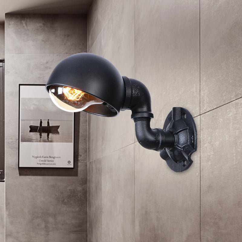 Dome Shade Iron Wall Light Fixture Industrial 1 Light Bedroom Sconce Light with Pipe Design in Black Clearhalo 'Art deco wall lights' 'Cast Iron' 'Glass' 'Industrial wall lights' 'Industrial' 'Middle century wall lights' 'Modern' 'Rustic wall lights' 'Tiffany' 'Traditional wall lights' 'Wall Lamps & Sconces' 'Wall Lights' Lighting' 980665