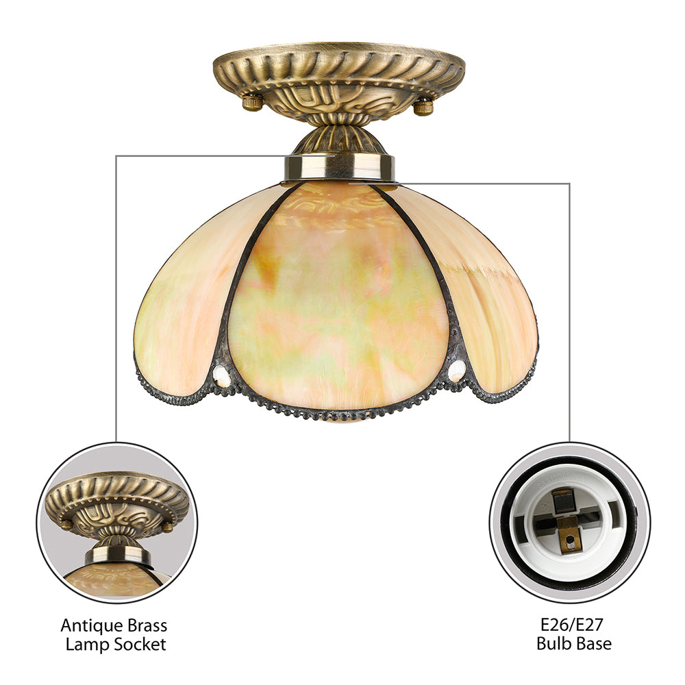 Beige Domed Ceiling Mount Light 1 Head Tiffany Antique Art Glass Ceiling Light for Kitchen Clearhalo 'Ceiling Lights' 'Close To Ceiling Lights' 'Close to ceiling' 'Glass shade' 'Glass' 'Island Lights' 'Semi-flushmount' 'Tiffany close to ceiling' 'Tiffany' Lighting' 98093
